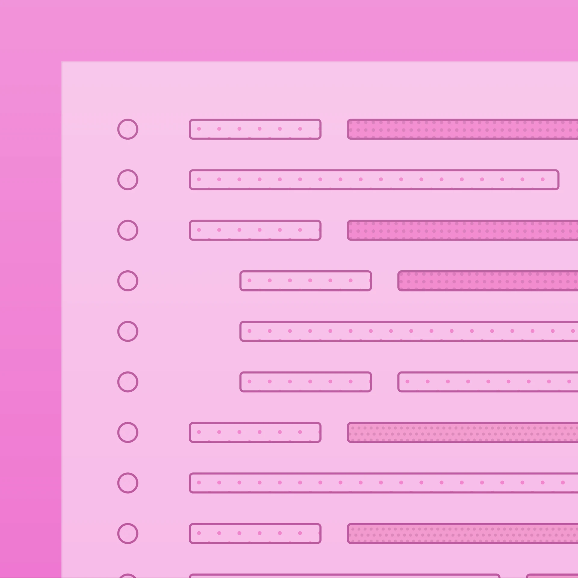 Pink illustration with circular markers and rows of patterned horizontal bars.